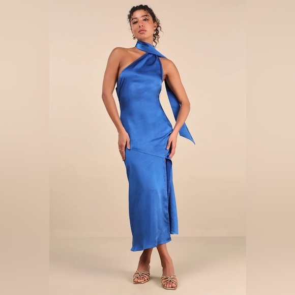 Lulus Dresses & Skirts - Lulus Reglan Blue Satin One-Shoulder Sash Midi Dress